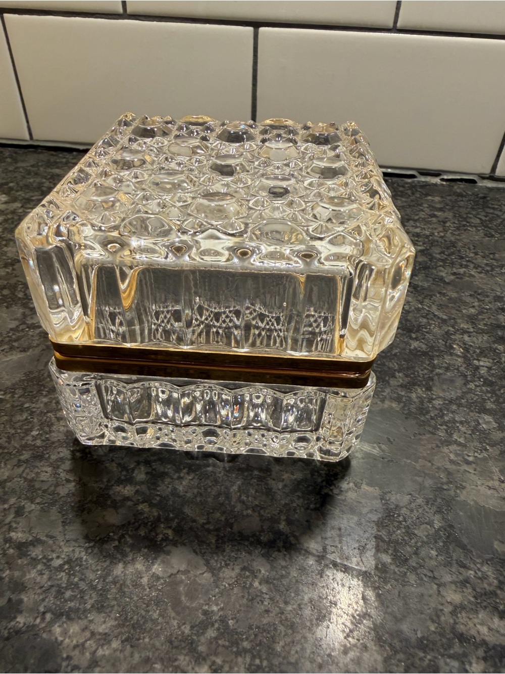 1940s Baccarat-style Clear Cut Glass Trinket Box with brass Accent